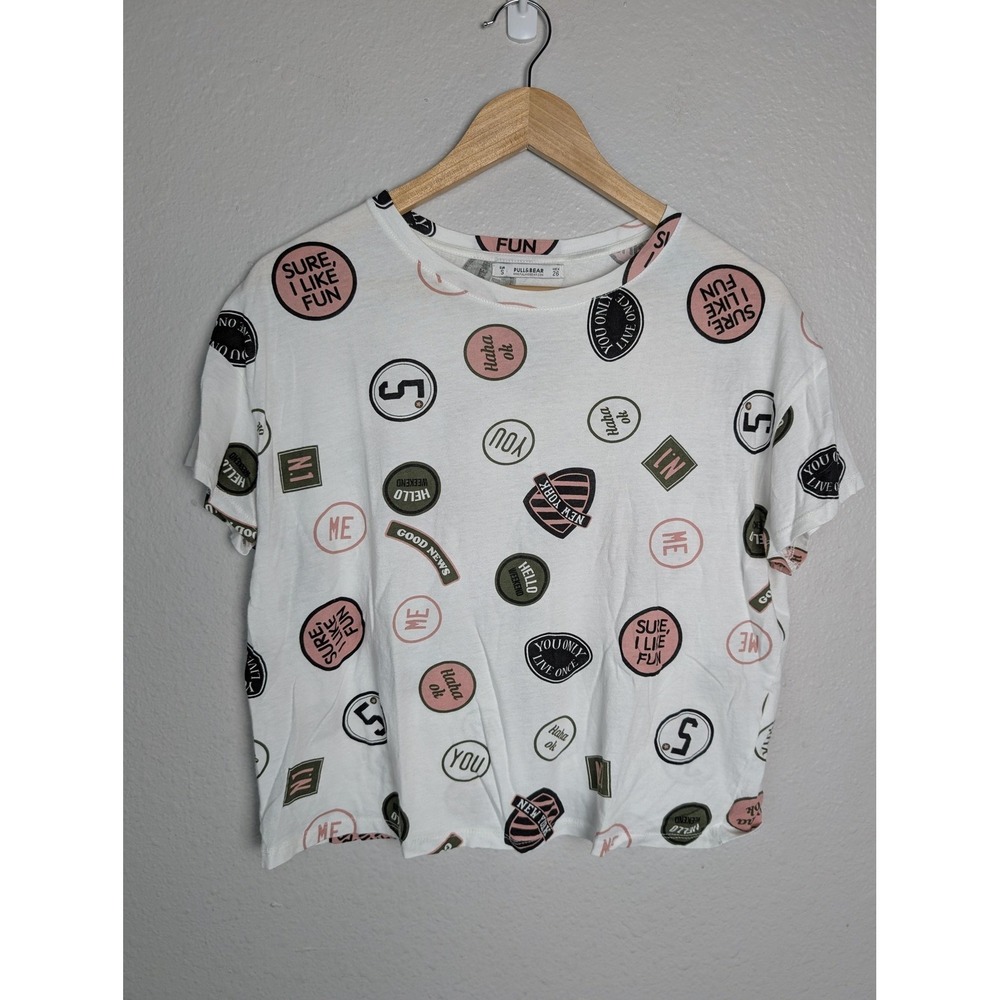 Pull&Bear‎ T-Shirt Womens S White Geometric Round Neck Short Sleeve Basic